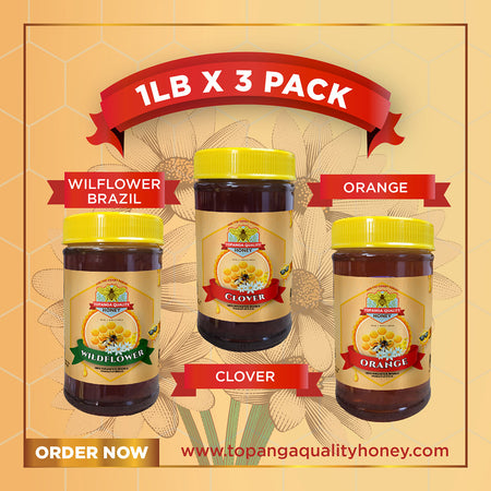 Brazilian Wildflower, Clover & Orange Blossom Honey Gift Set, 3 x 1 lb from Topanga Quality Honey