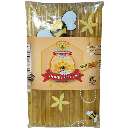 Pack of 50 honey sticks filled with blueberry blossom honey from Topanga Quality Honey