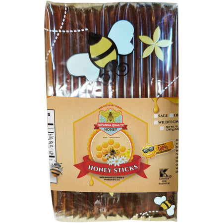 Pack of 50 honey sticks filled with pomegranate honey from Topanga Quality Honey